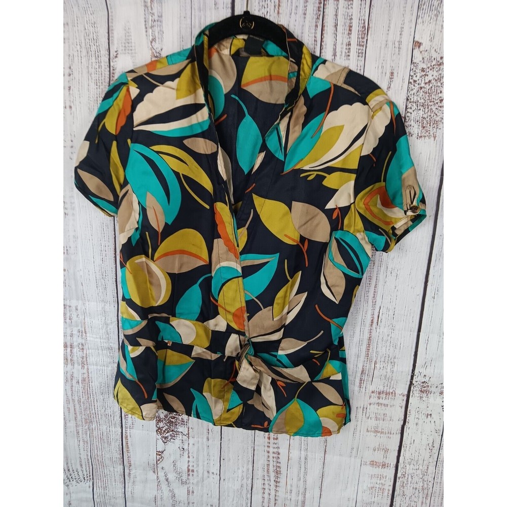 Silkland Blouse 100% Silk V-Neck Short Sleeve Fliral Size Medium
